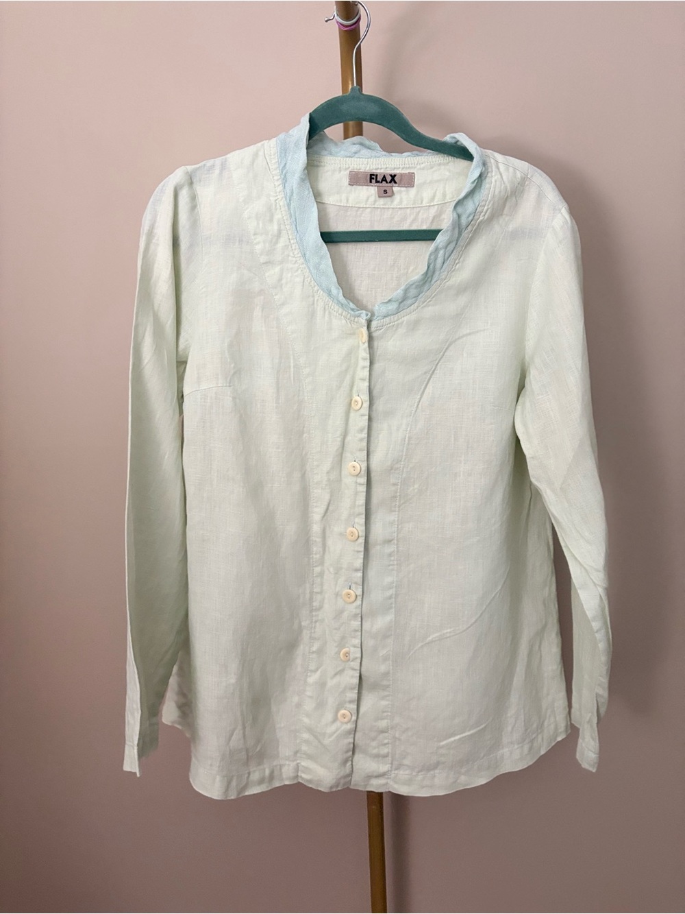 Flax Pale Mint Linen Button-Front Blouse with Scalloped Neck